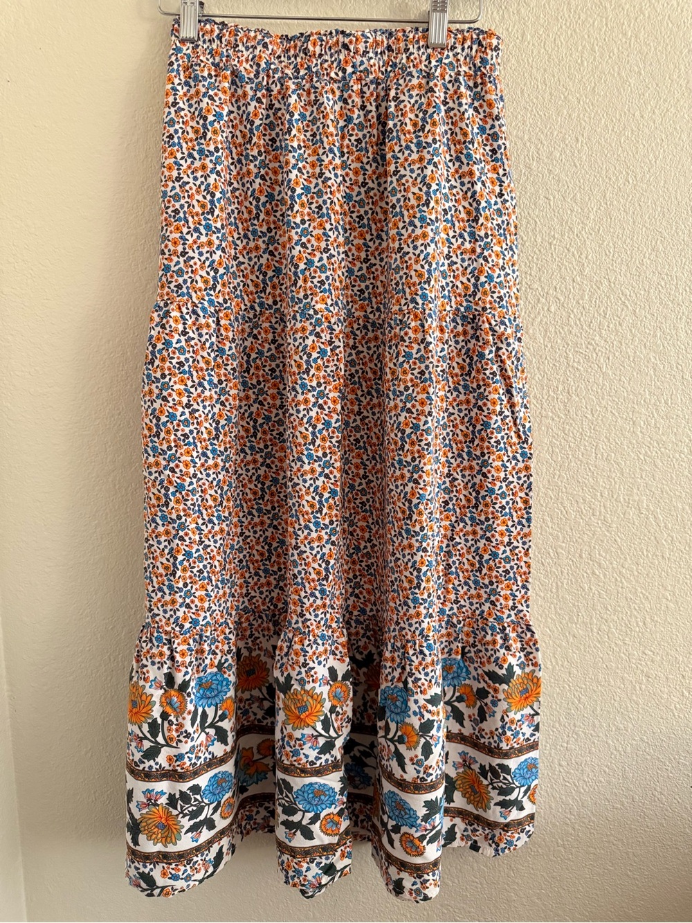 Floral Border Maxi Skirt in White with Blue & Orange Accents
